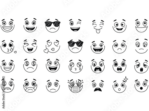 Hand Drawn Emoji Faces Set – Doodle Emoticon Expressions, Cute Cartoon Smileys, Black and White Vector Collection