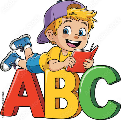 Cheerful young boy reading book lying on giant abc letters illustration for education