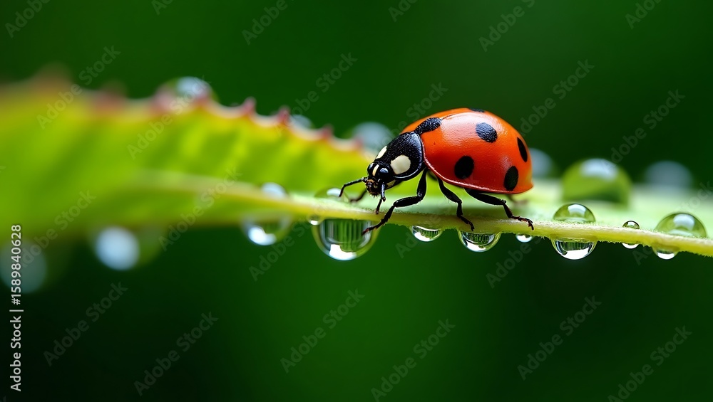 Naklejka premium Close-up of red ladybug with water beads