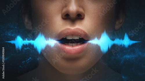 Close-up of a person's mouth with a blue digital soundwave graphic illustrating voice or speech recognition technology.