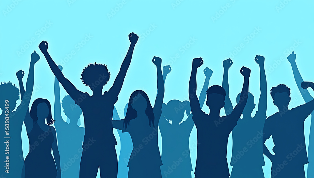 Fototapeta premium Collective Power Raised Fists in a Sea of Blue