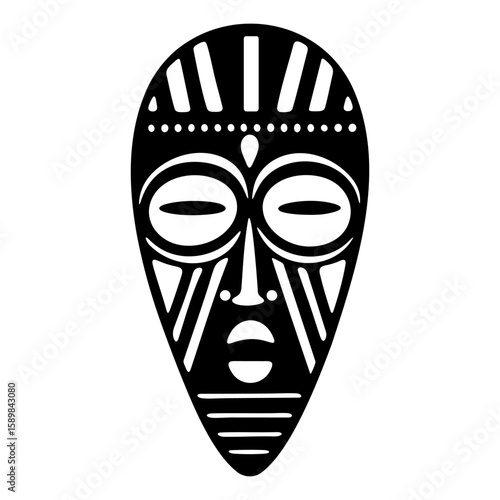 Stylized black and white illustration of African tribal mask with bold geometric patterns and cultural symbolism isolated on transparent background. Vector art.