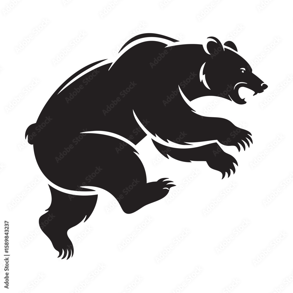 Obraz premium Aggressive Bear Jumping Black Silhouette Isolated On White Background Vector Illustration
