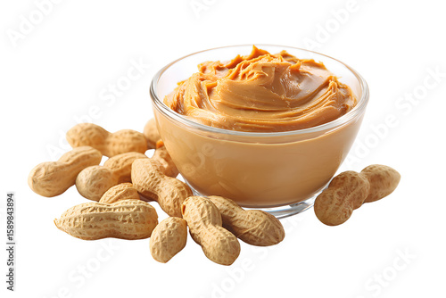 Peanut butter in a glass bowl isolated on a transparent background