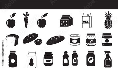 Black and white illustrated grocery items for healthy food and shopping concepts