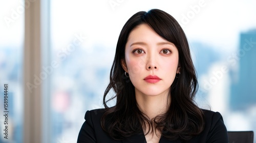 Free Download A professional woman with dark hair and a serious expression stands in front of a blurred cityscape background, dressed in business attire. - GFXLoad