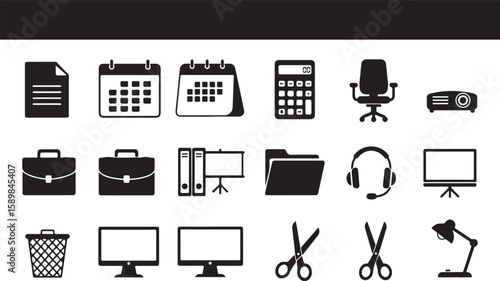 Collection of black and white office icons representing common workplace elements in vector graphics