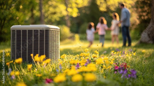 Air conditioner surrounded by colorful spring flowers in a sunny garden