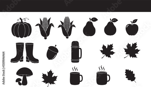 Monochrome autumn icons of harvested produce leaves boots and hot drinks in silhouette