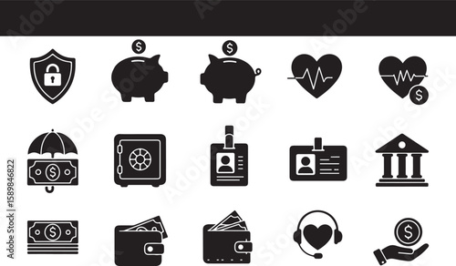Financial icons for investments insurance banking health care security and business concepts