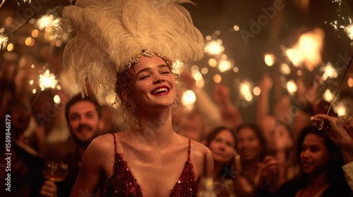 Joyful Cabaret Revelry: A radiant woman in a dazzling cabaret costume and elegant feather headpiece, revels in the lively atmosphere with people around, sparklers dancing around.