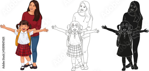 Happy schoolgirl with backpack embraces her mom in a heartwarming family portrait of back to school excitement.