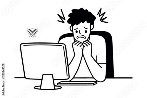 Vector illustration of angry tech user with crossed-out wifi symbol

