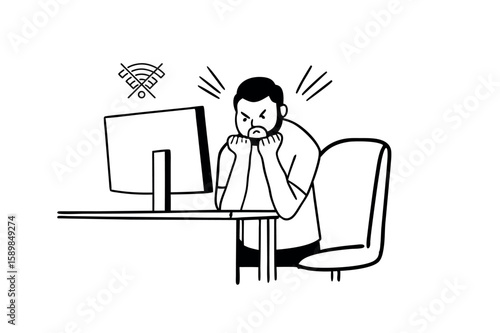 Angry person at computer with no wifi signal, frustrated remote worker vector illustration