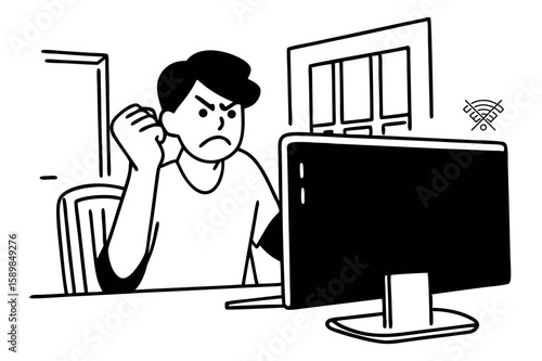 No wifi concept, furious freelancer gesturing at disconnected computer, clean vector illustration