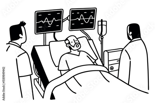 Ill patient in icu bed, medical illustration, emergency medicine theme, simple healthcare crisis visual
