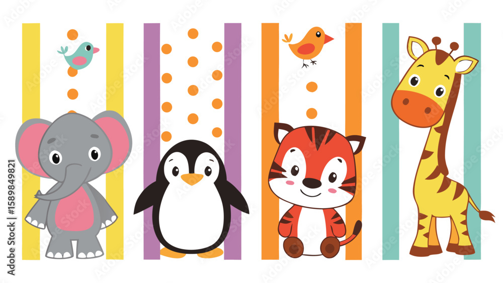 Fototapeta premium Adorable cartoon animals elephant penguin tiger and giraffe on striped colorful background