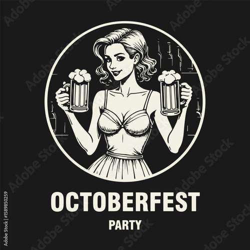 Black and white flat vector illustration of a smiling girl in a dirndl with deep neckline holding two beer mugs. Oktoberfest or International Beer Day themed design.
