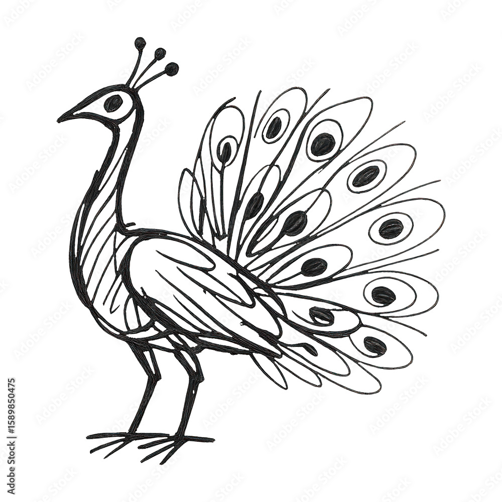 Fototapeta premium PNG Elegant peacock line art illustration.
