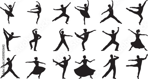 Ballet dancers performing graceful poses silhouettes performance