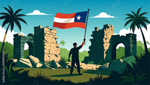 Flag of freedom Silhouette Holding a waving flag amid historic ruins and tropical palms evoking a sense of resilience.