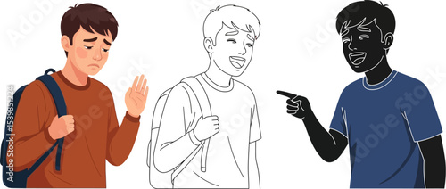 Illustration showing a student being bullied and mocked, presenting social issues of harassment