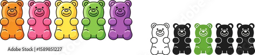 Gummy bears stand in a colorful line, alongside monochrome sweets, a sweet treat design.