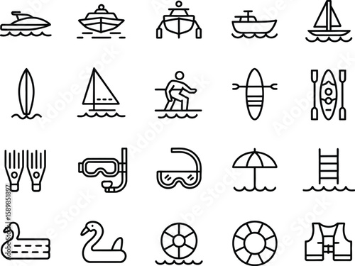 Water Sports Icons Boats, Sailing, and Swimming Gear Line Art Set