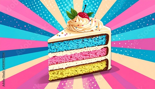 Colorful cake slice on a vibrant background