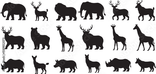 Photography Diverse wild animals depicted in black silhouette elephant deer