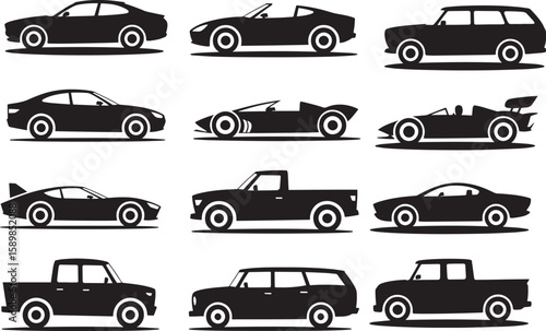 Diverse vehicle collection black silhouettes automobile sedan