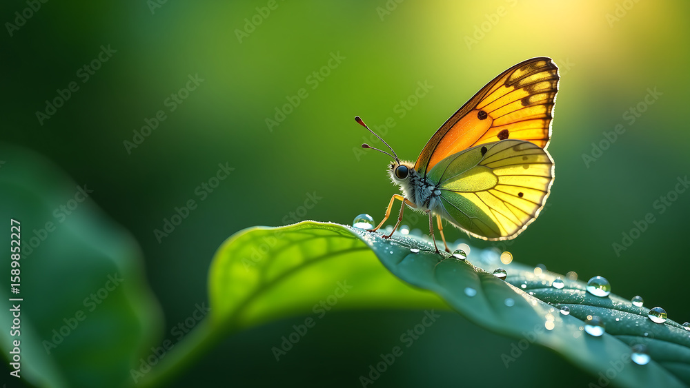 Obraz premium delicate butterfly perches leaf intricate antennae glowing microscopic droplets refract light tiny