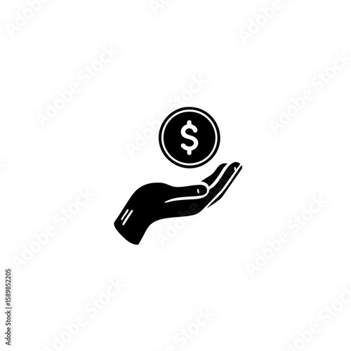 Solid Black Hand Holding Dollar Coin Icon – Minimal Profit & Earnings Symbol – Flat Vector Design