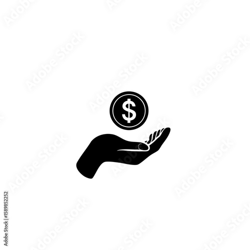 Solid Black Hand Holding Dollar Coin Icon – Minimal Profit & Earnings Symbol – Flat Vector Design