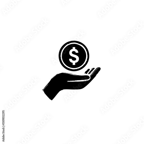 Solid Black Hand Holding Dollar Coin Icon – Minimal Profit & Earnings Symbol – Flat Vector Design