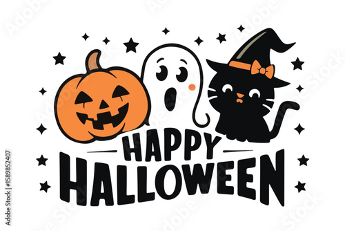 happy halloween illustration with pumpkin ghost and cat in witch hat surrounded by stars perfect for festive seasonal vector design projects