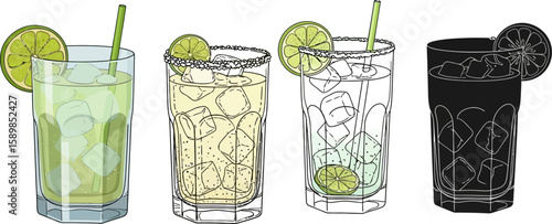 Fresh cocktail glasses with lime slices and ice cubes against a white background show summer drinks.
