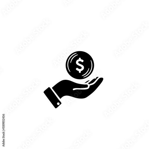 Solid Black Hand Holding Dollar Coin Icon – Minimal Profit & Earnings Symbol – Flat Vector Design