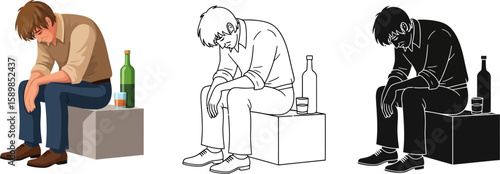 A sad man sits in despair with a bottle of alcohol depicted in three different art styles.
