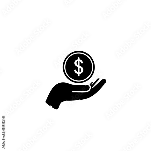 Solid Black Hand Holding Dollar Coin Icon – Minimal Profit & Earnings Symbol – Flat Vector Design