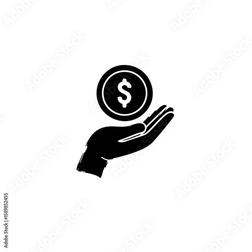 Solid Black Hand Holding Dollar Coin Icon – Minimal Profit & Earnings Symbol – Flat Vector Design