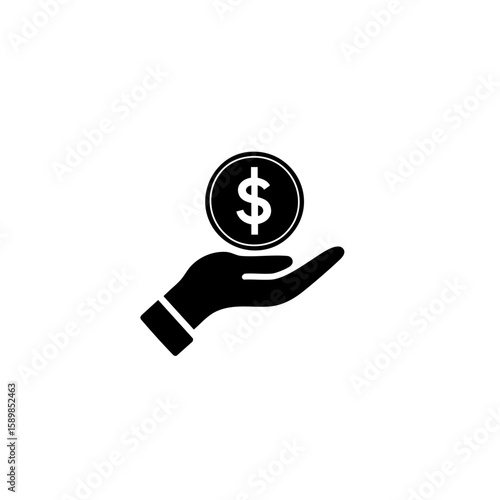 Solid Black Hand Holding Dollar Coin Icon – Minimal Profit & Earnings Symbol – Flat Vector Design
