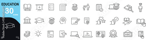 Education Line Icons Set. Collection of 30 outline icons representing learning, teaching, academic subjects, classroom activities, and student life. Editable stroke. Vector illustration. 