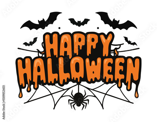 halloween greeting with bats spider web and dripping orange text happy halloween perfect for spooky festive cards and seasonal vector designs