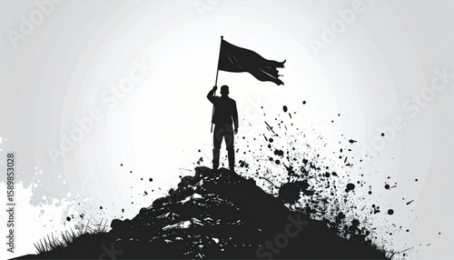 Achievement Peak Silhouette of a Person Holding Flag on Summit - Conquering Challenges and Setting New Goals