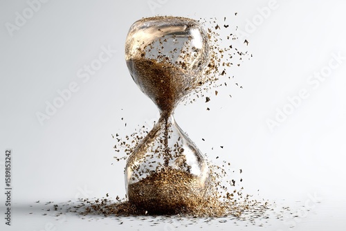 Shattered hourglass, golden sand dispersing