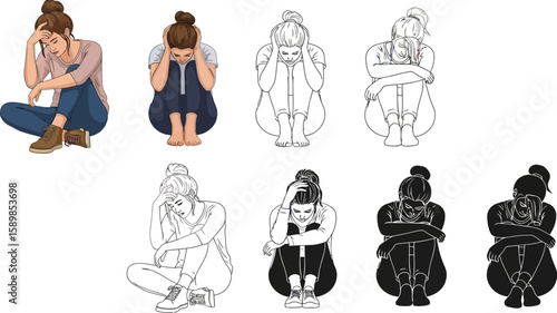 Various artistic depictions showing a sad woman in poses of distress, grief, and mental anguish.
