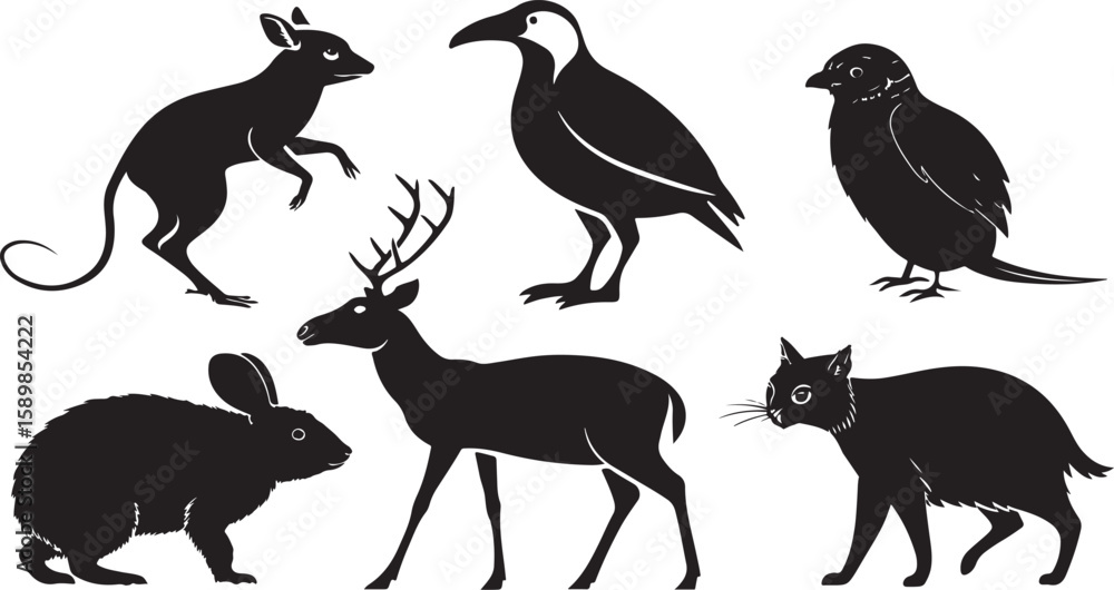 Fototapeta premium Collection of stylized black silhouettes of diverse animals on white background