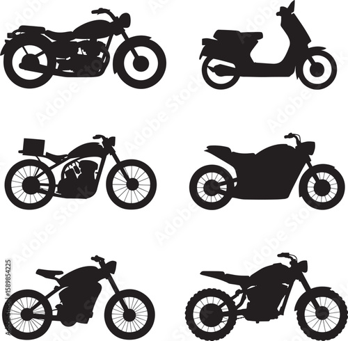 Six black motorcycle silhouettes including a scooter and dirt bike cruiser