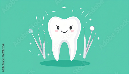 Cartoon Tooth with Dental Tools Illustration Promotes Health and Hygiene